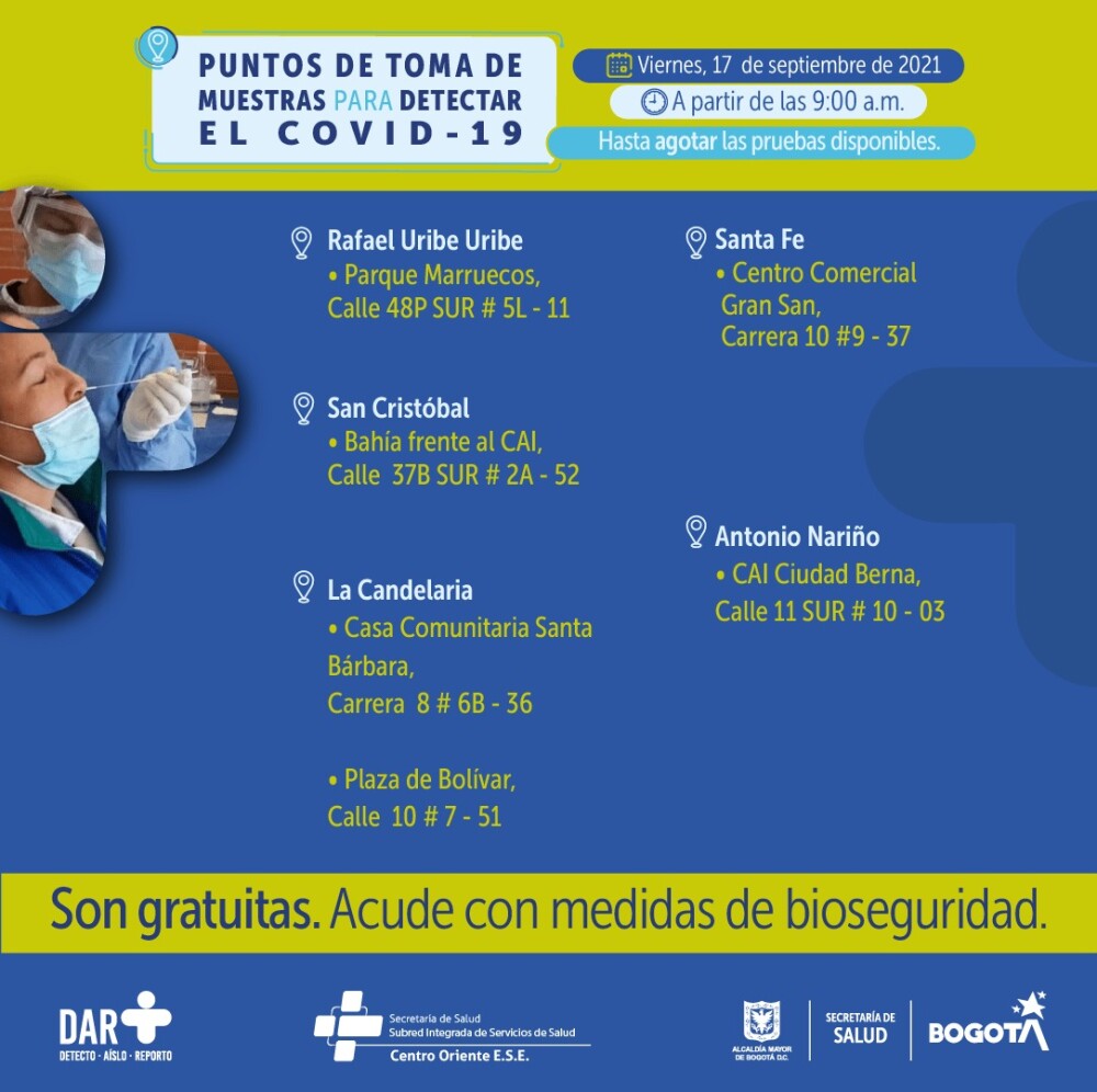 Pruebas gratis de COVID-19 en Bogotá 17092021