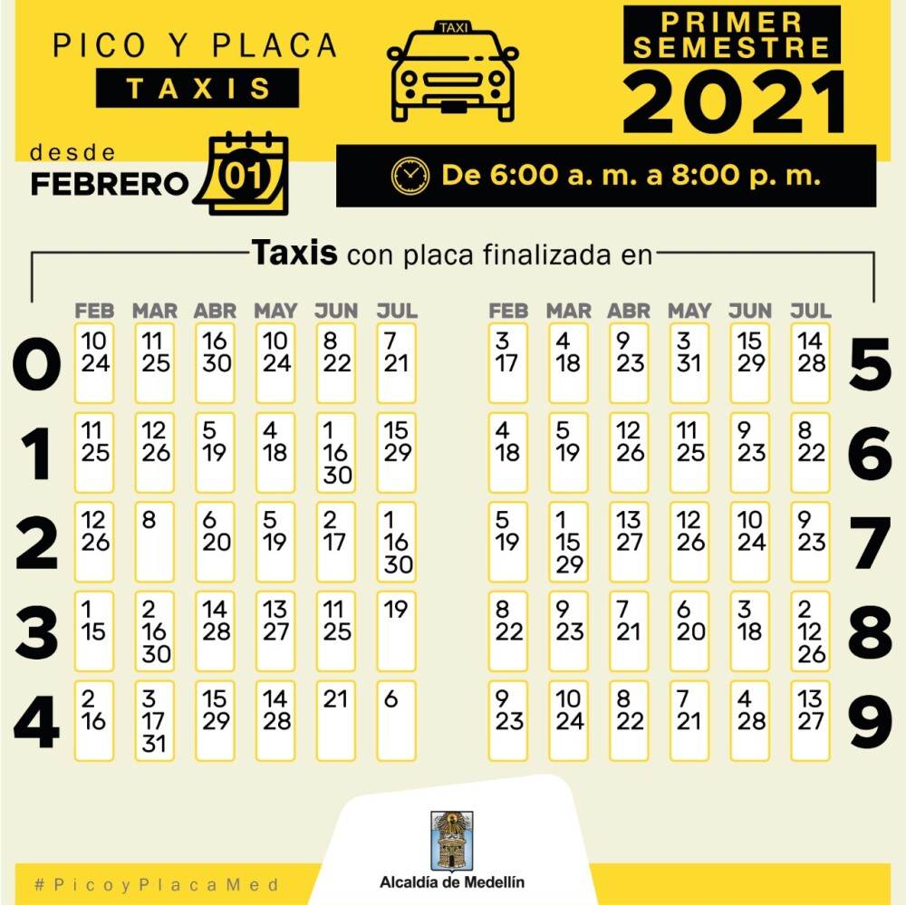 pico y placa para taxis en Medellín primer semestre 2021.jpeg