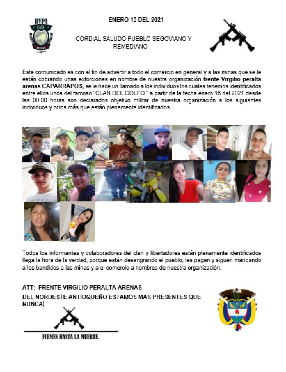 Panfleto de amenaza a jóvenes en Segovia y Remedios Antioquia