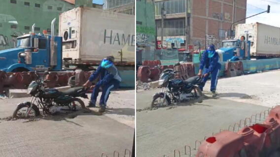 VIDEO | Motociclista quedó atrapado en cemento de obras de TransMilenio