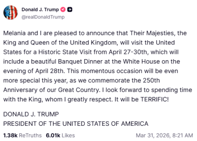 Trump anuncia la visita de Estado de Carlos III