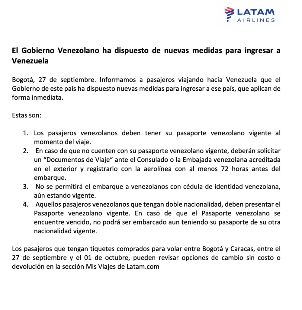 Comunicado de Latam sobre restricción de Maduro.