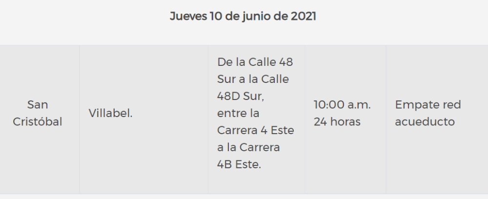 Corte de agua en Bogotá para el 10 de junio