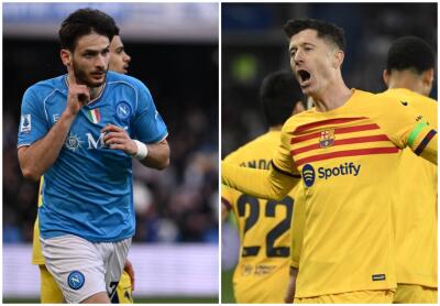 Khvicha Kvaratskhelia y Robert Lewandowski, delanteros del Nápoles y Barcelona, respectivamente. 