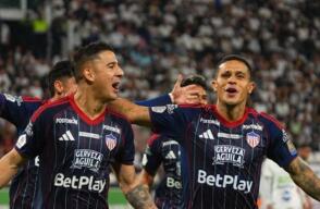 Junior de Barranquilla y un festejo de gol contra Once Caldas por la ida de los cuartos de final de la Liga BetPlay I-2026.