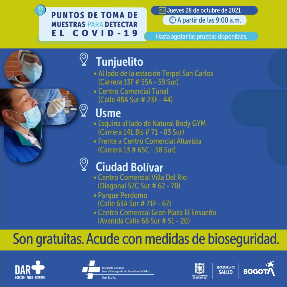 Pruebas gratis de COVID-19 en Bogotá