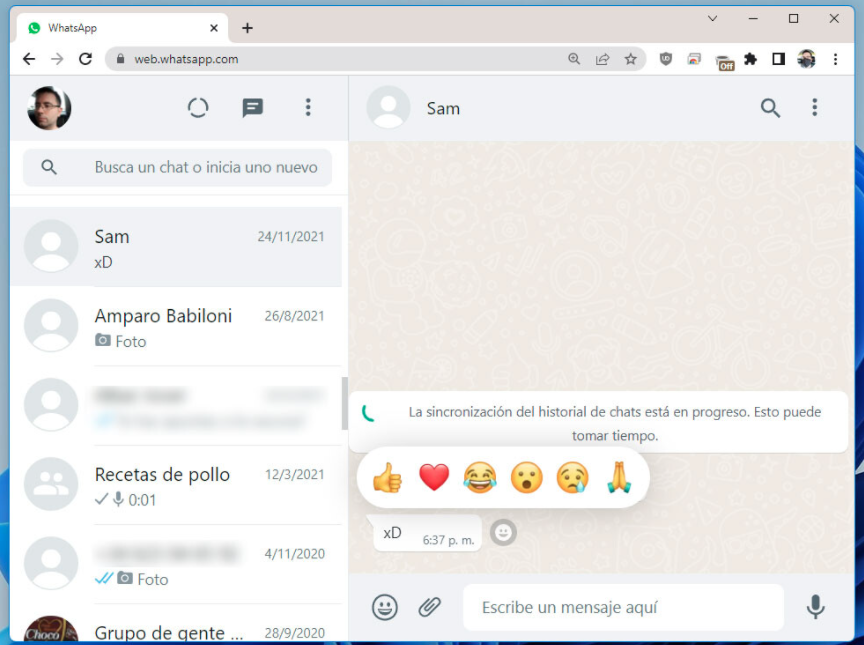 Reacción a mensaje de WhatsApp Web