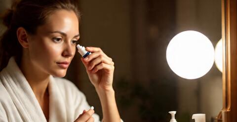 Mujer aplicándose gotas en los ojos