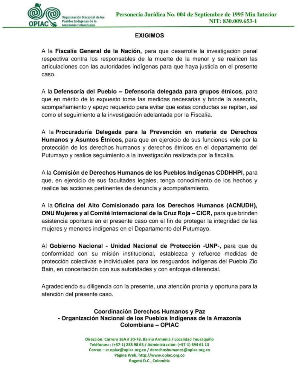 Carta de la Opiac por menor hallada muerta en Putumayo Carta de la Opiac por menor hallada muerta en Putumayo