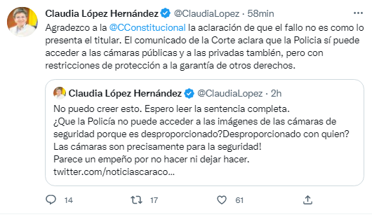 Trino de Claudia López sobre cámaras de seguridad