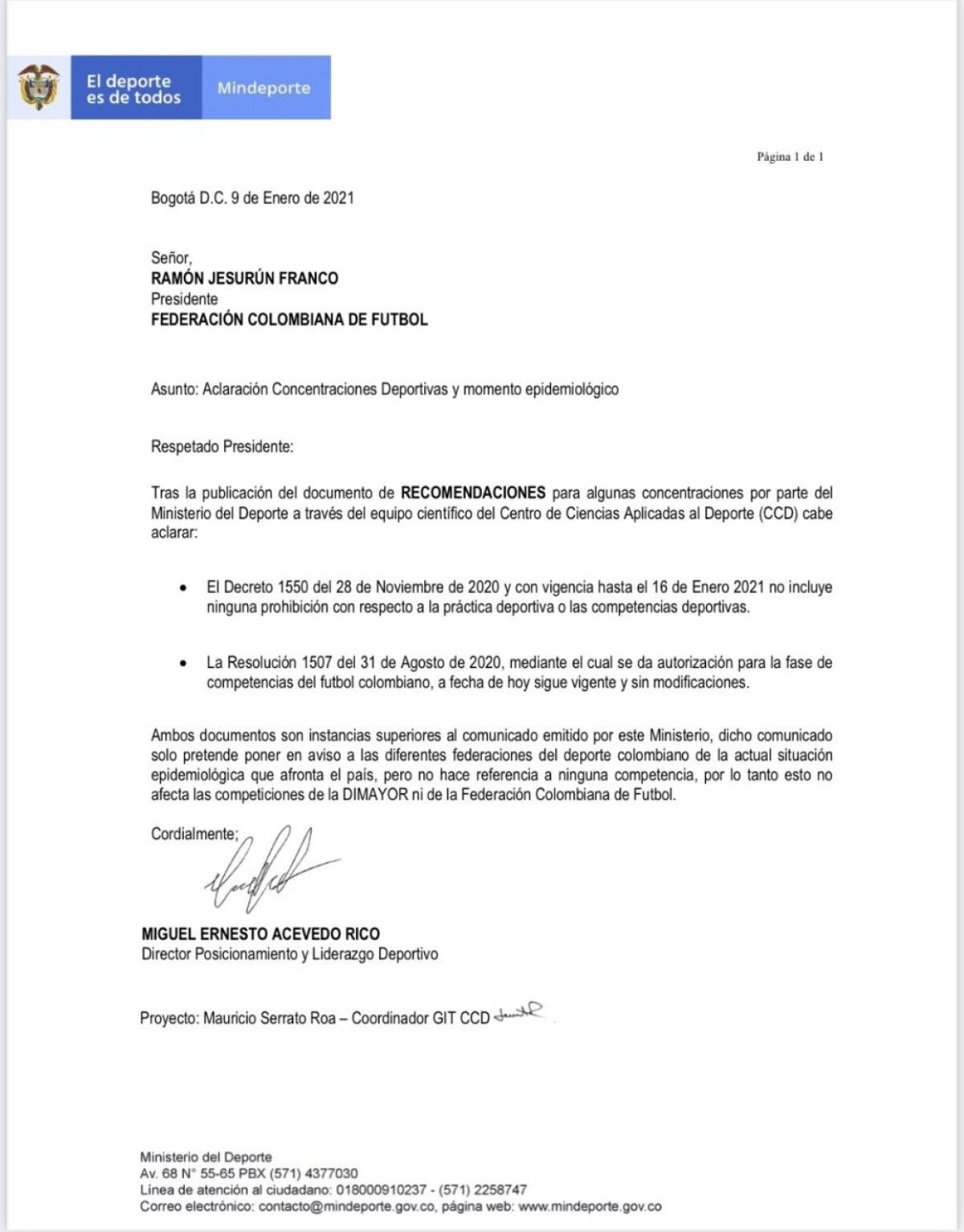 Carta fútbol colombiano