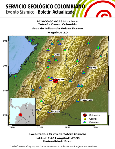Sismo en el área de influencia del Volcán Puracé hoy
