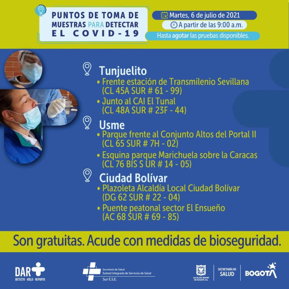 Pruebas gratis de COVID en Bogotá 6 de julio
