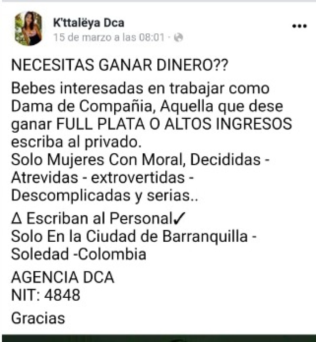 Mensaje en Facebook