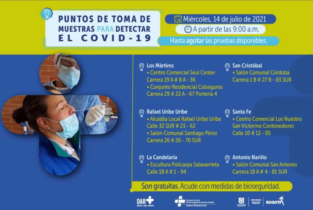 Pruebas gratis de COVID en Bogotá hoy 14 de julio