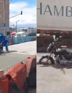 Motociclista quedó atrapado en cemento por meterse en obra de TransMilenio: lo buscan para multarlo