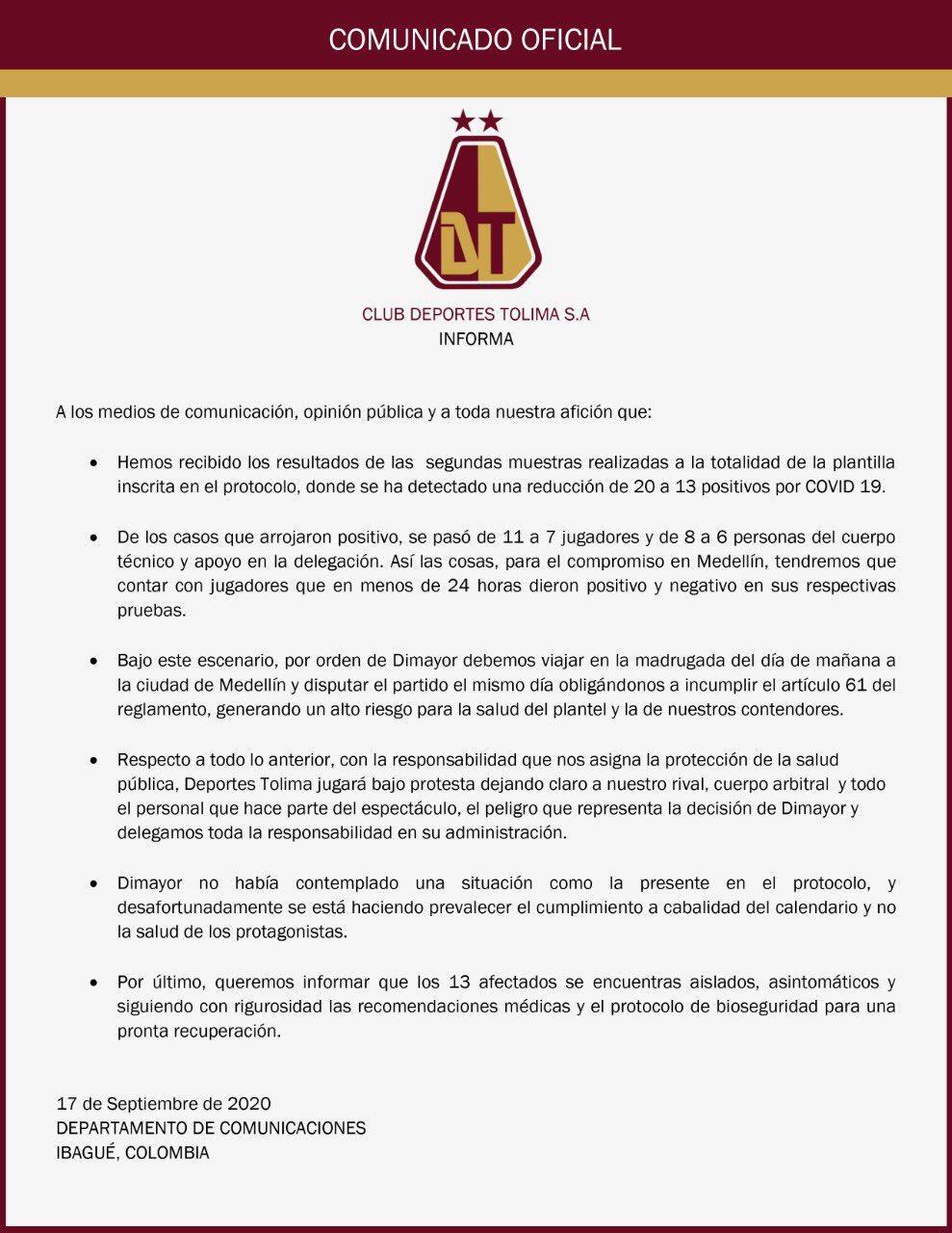 Comunicado del Tolima sobre juego ante Nacional.jpeg