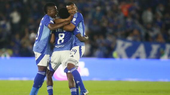 Jugadores de Millonarios y un festejo de gol contra América en juego de la fecha 14 de la Liga BetPlay II-2025. Jugadores de Millonarios y un festejo de gol contra América en juego de la fecha 14 de la Liga BetPlay II-2025.
