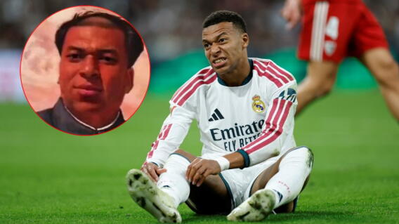 Kylian Mbappé en un partido con el Real Madrid y el meme con su silueta de Mao Zedong. 