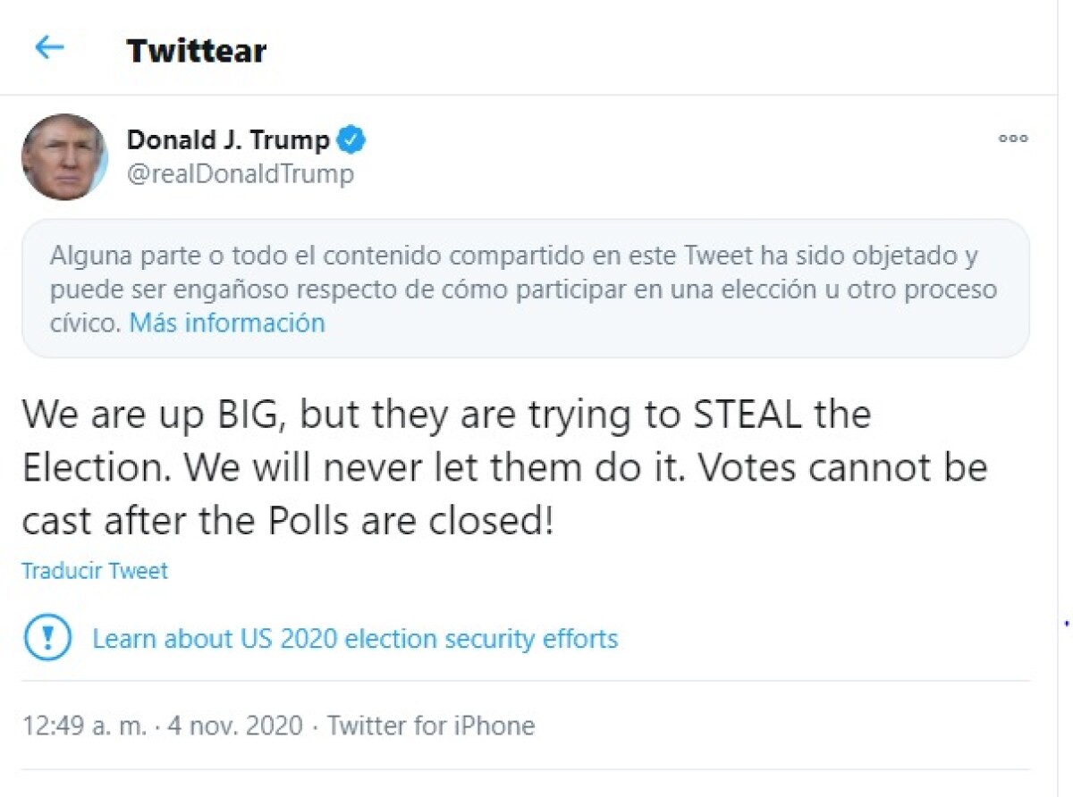 Twitter marca como contenido engañoso trino de Trump sobre elecciones.jpeg