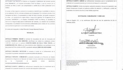 Niegan revocatoria de la candidatura de Rodrigo Lara Sánchez a la Gobernación del Huila
