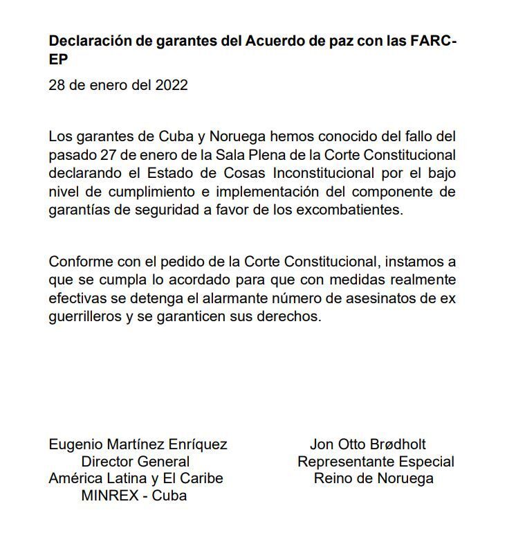 Declaración de garantes del acuerdo de paz