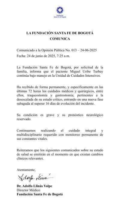 Comunicado estado de salud Miguel Uribe Turbay del martes 24 de junio de 2025
