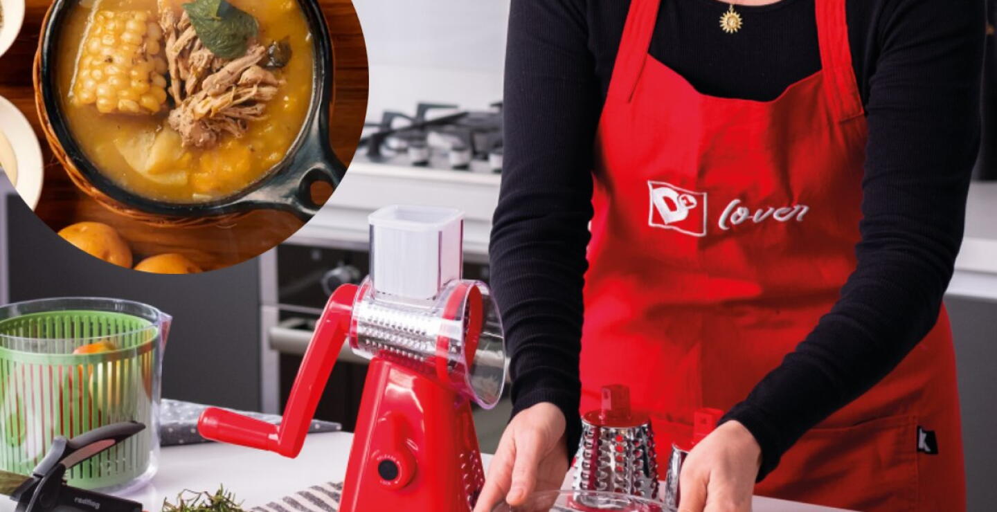 mujer cocinando junto a una foto de ajiaco.