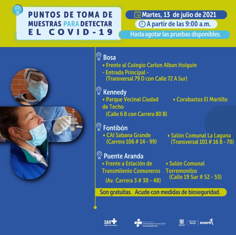 Pruebas gratis de COVID-19 en Bogotá 13072021