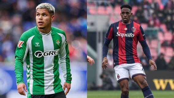 'Cucho' Hernández y Jhon Lucumí, jugadores colombianos del Betis y Bolonia, respectivamente.