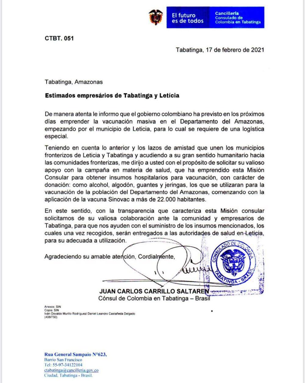 Cancillería desautoriza a cónsul de Tabatinga