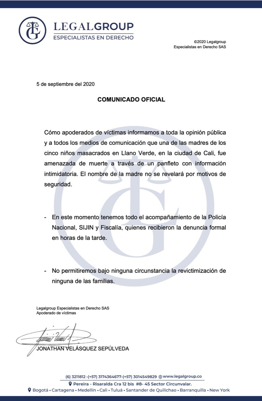 comunicado legalgroup sas sobre amenaza a madre de uno de los cinco menores masacrados en llano verde.jpeg