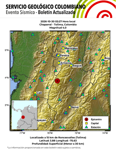 Mapa del Servicio Geológico Colombiano con el epicentro del sismo de magnitud 4.0 en Chaparral, Tolima