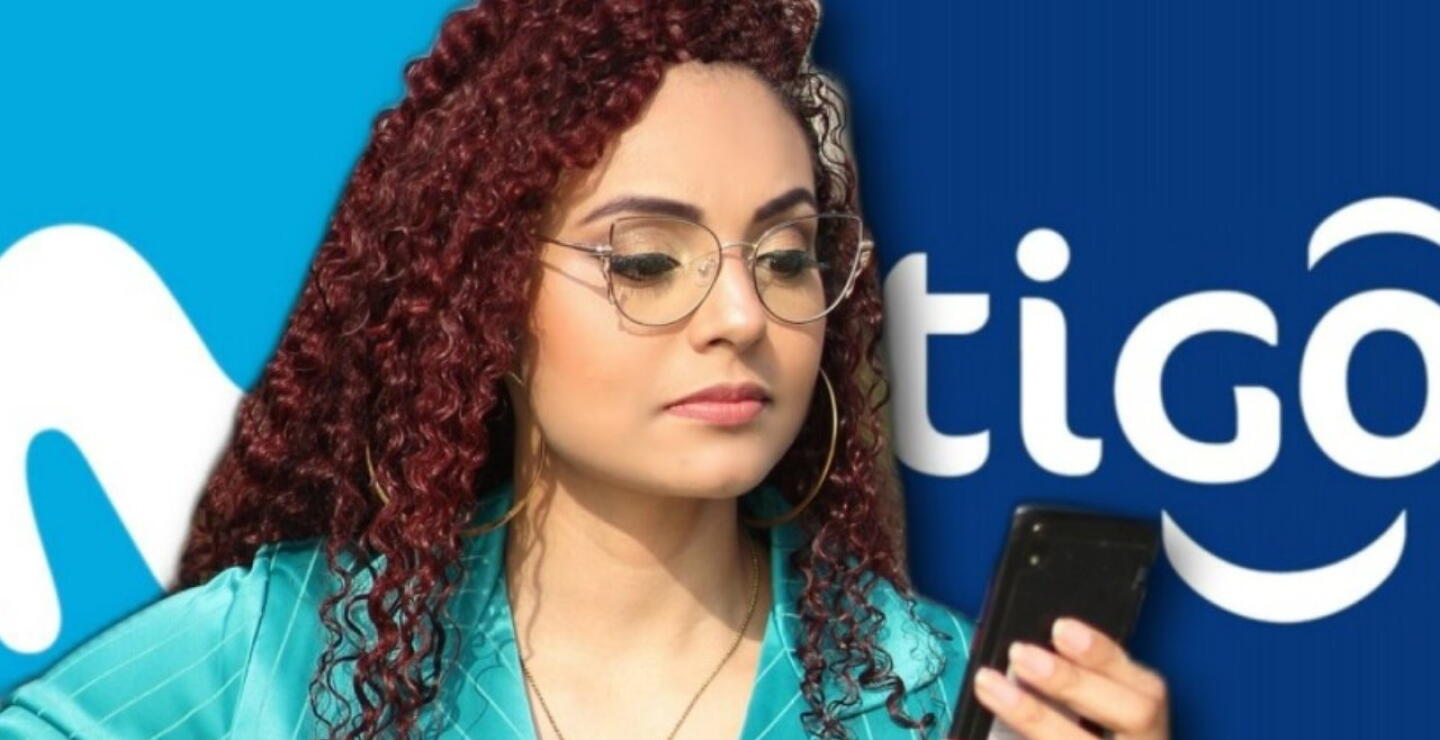 Mujer con su celular y las marcas de Movistar y Tigo. 