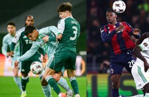'Cucho' Hernández y Jhon Lucumí en acción con Betis y Bolonia, respectivamente, en partidos de la Europa League.