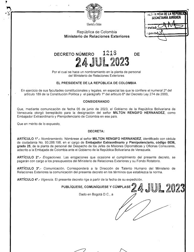Decreto de nuevo embajador de Colombia en Venezuela.jpeg