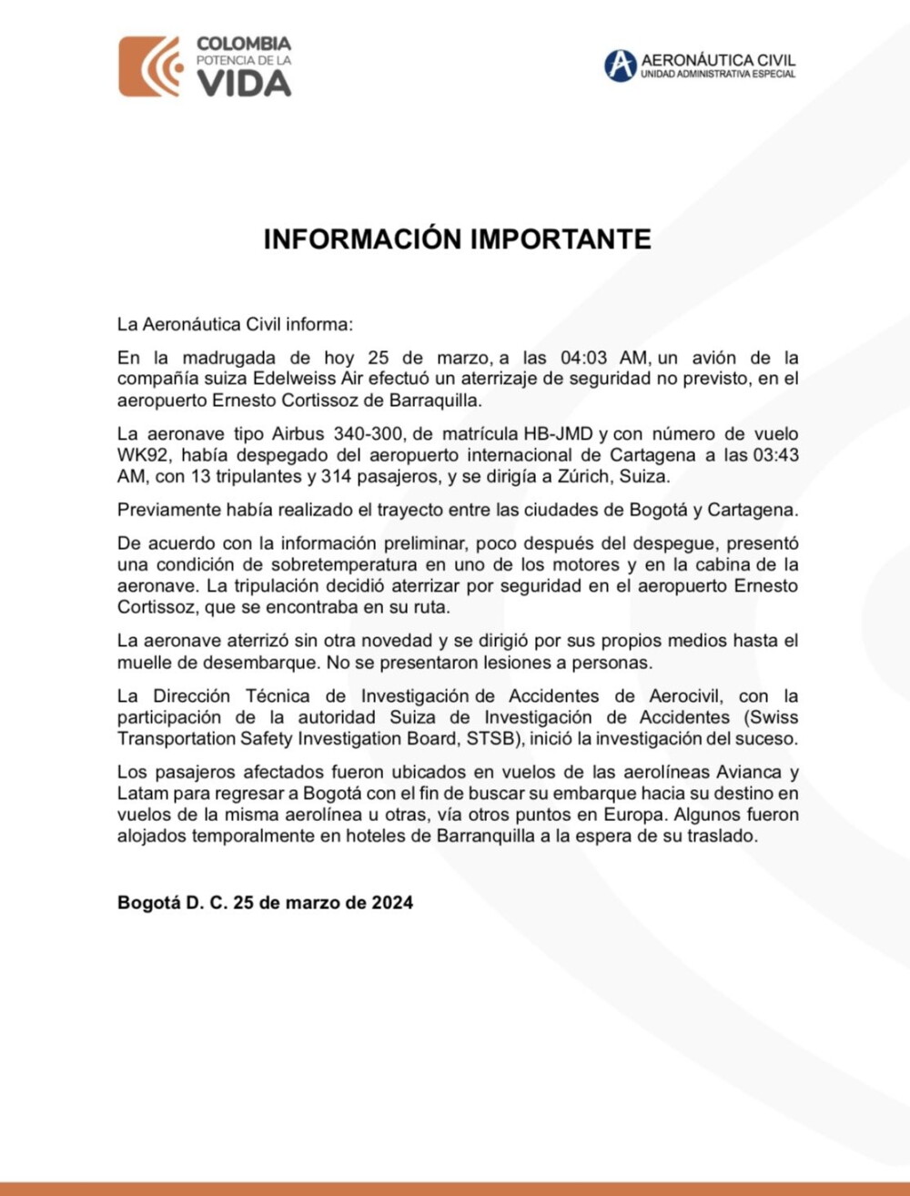Comunicado Aerocivil por aterrizaje de vuelo a Suiza