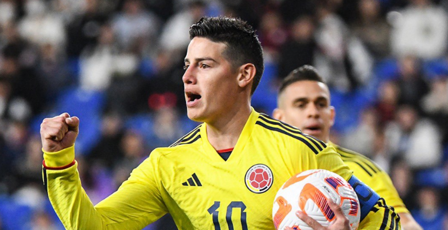 James Rodríguez y un festejo de gol contra Corea del Sur, en duelo de fogueo.
