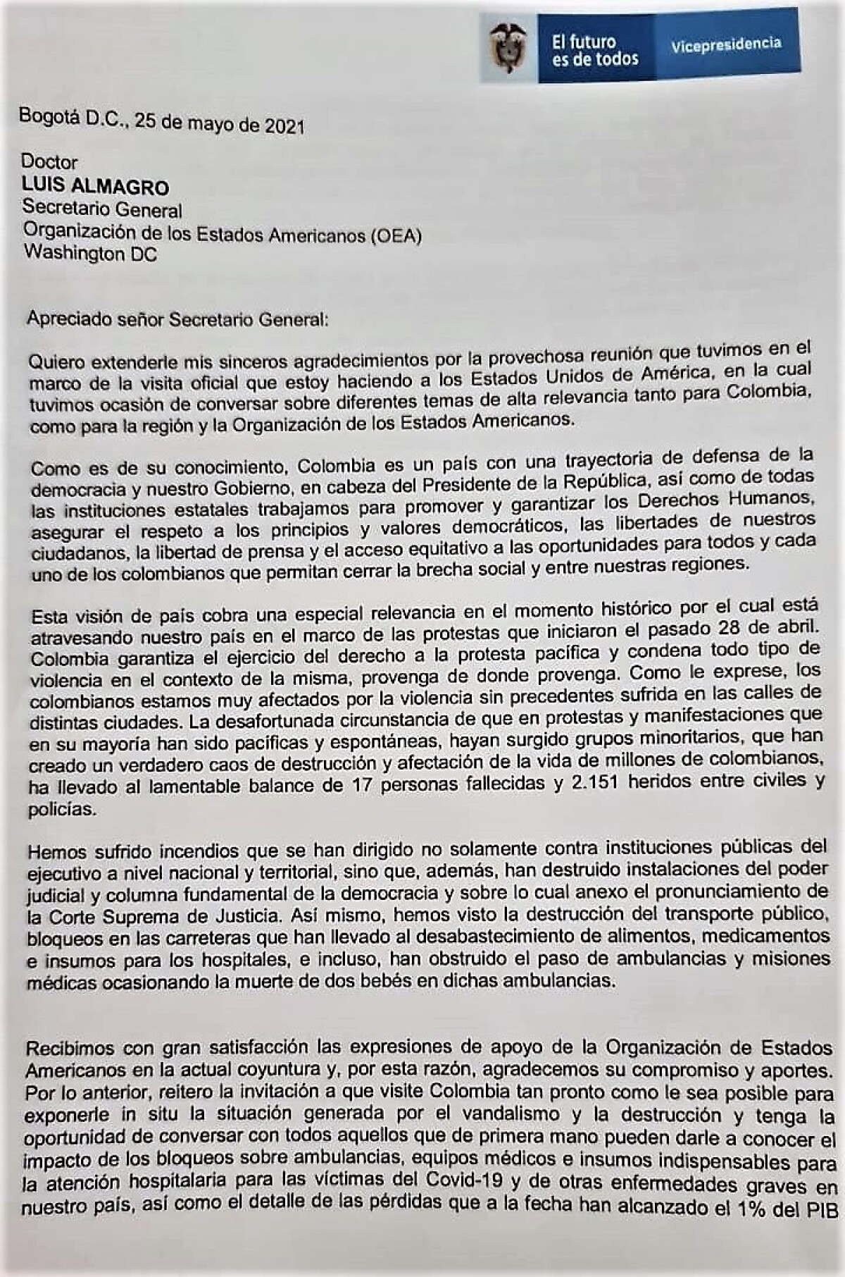 Documento Gobierno a Luis Almagro (OEA)