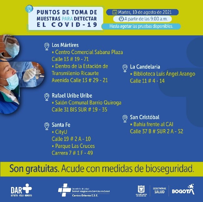 pruebas gratis covid los martires agosto 10 de 2021