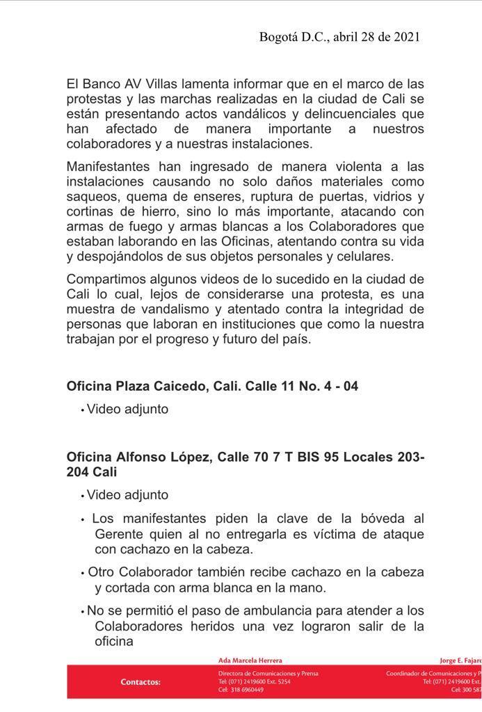 comunicado av villas ataque a sedes en cali durante paro nacional