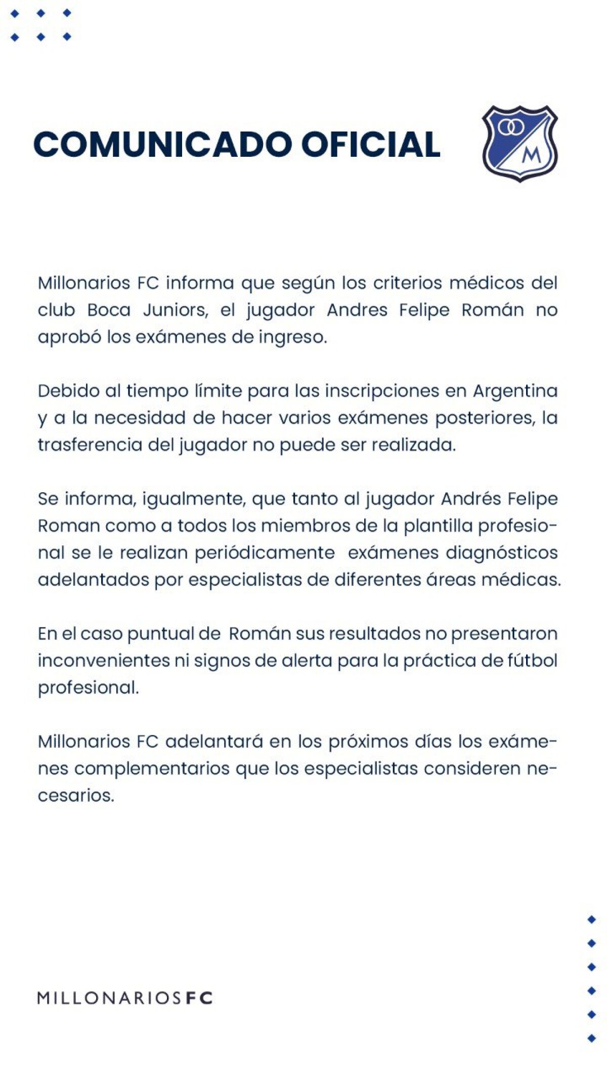 Comunicado de Millonarios sobre Román