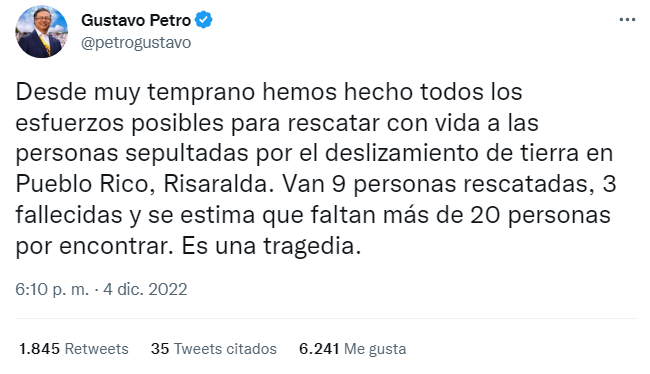 Petro lamenta tragedia en Risaralda