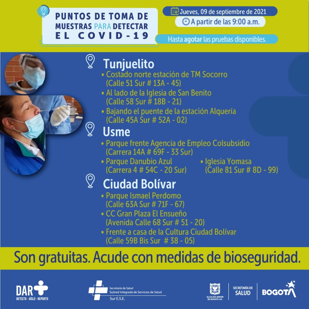 Pruebas gratis de COVID-19 en Bogotá