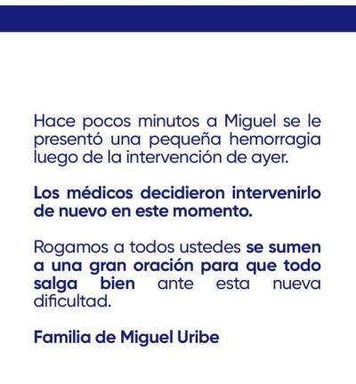 Familia de Miguel Uribe Turbay se pronuncia tras conocer que es operado de urgencia Familia de Miguel Uribe Turbay se pronuncia tras conocer que es operado de urgencia
