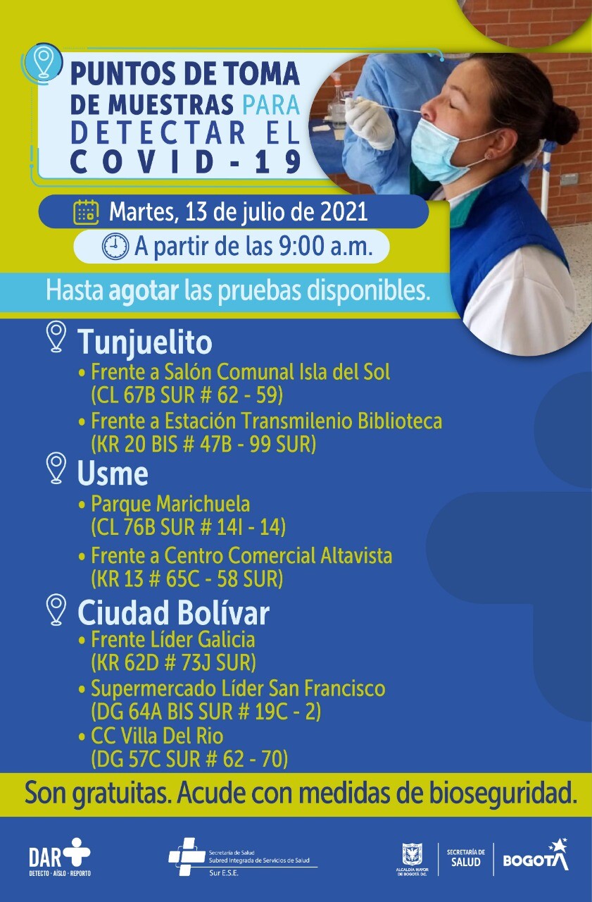 Pruebas gratis de COVID-19 en Bogotá 13072021