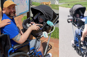 Papá con silla de ruedas modificada para cargar bebé