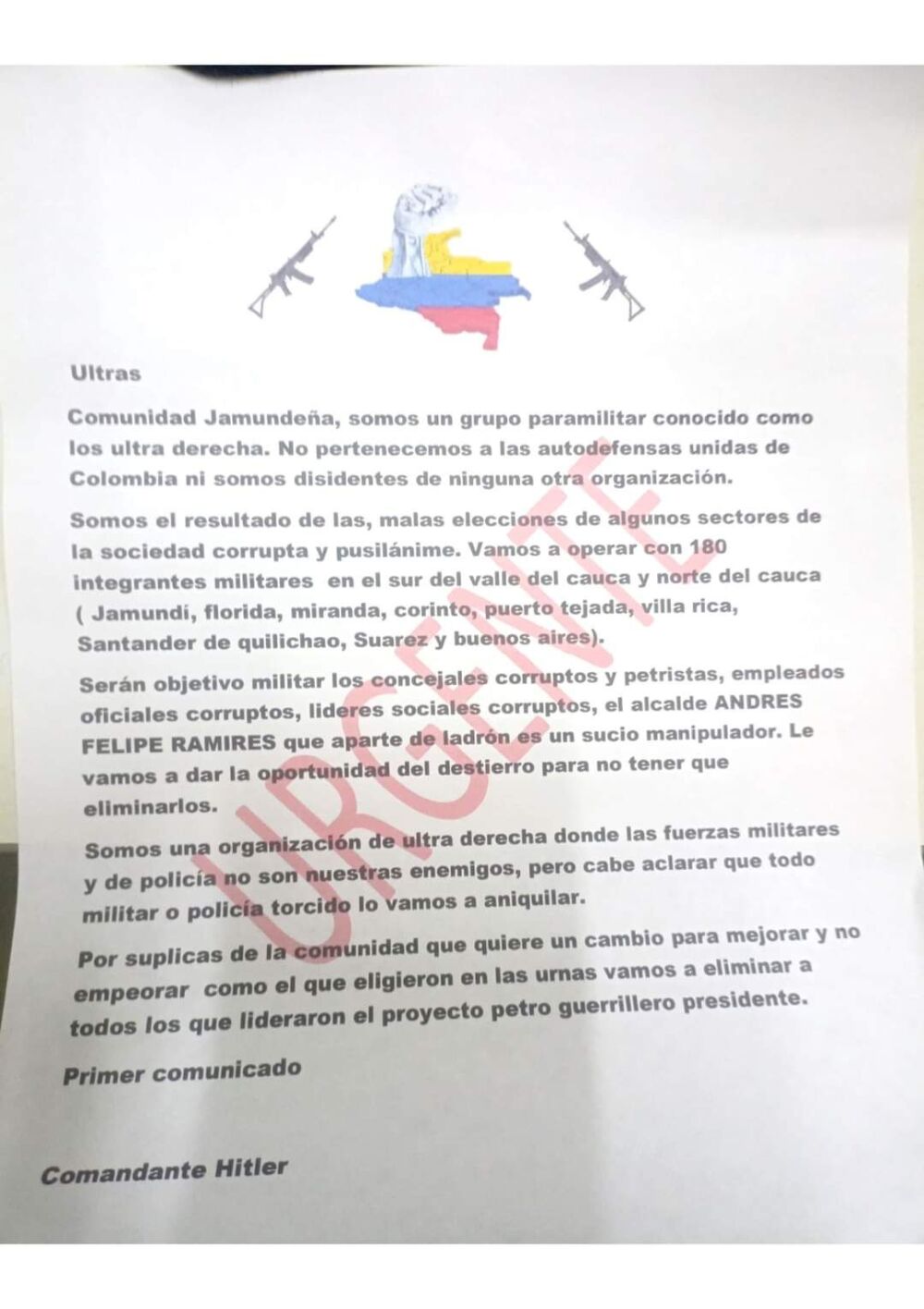 Panfleto amenazas Jamundí, Valle