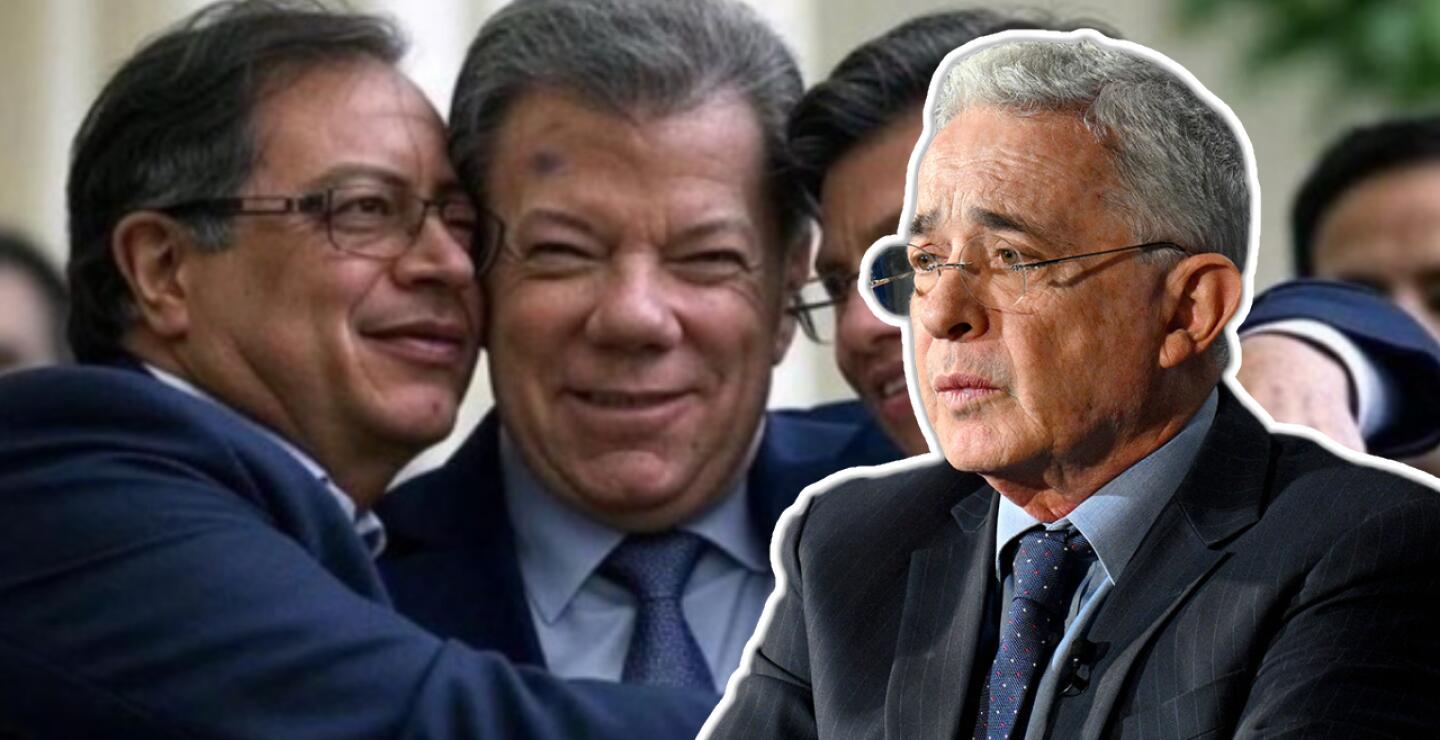 Álvaro Uribe publica imagen hecha con IA de Santos, Petro y López