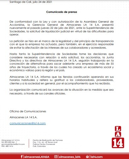 almacenes la 14 comunicado liquidacion.jpg